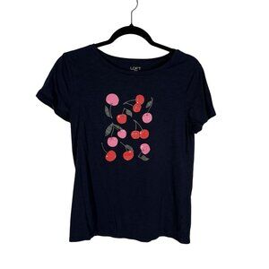 Ann Taylor Loft Outlet Women SZ M Navy Blue Short Sleeve Cherries Graphic Tee